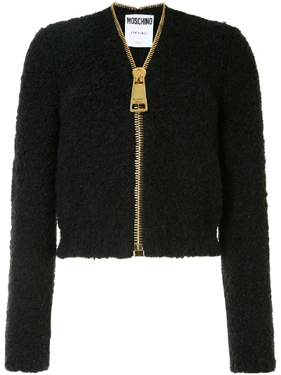Moschino Couture Cardigan In Boucl&eacute; With Big Zip In Black