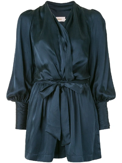Zimmermann Waist-tied Silk Playsuit In Blue