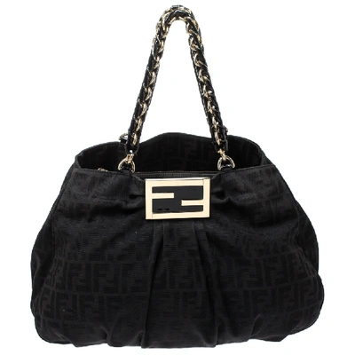 Pre-owned Fendi Black Canvas And Patent Leather Large Mia Shoulder Bag