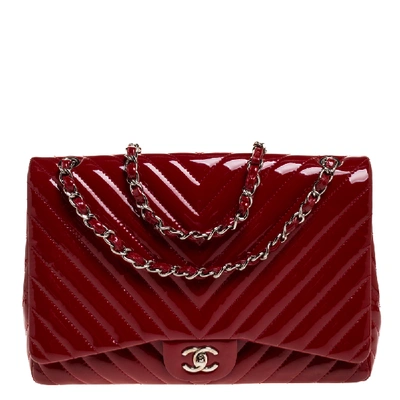 Pre-owned Chanel Red Chevron Patent Leather Maxi Classic Single Flap Bag