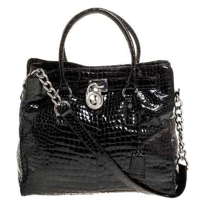 Pre-owned Michael Michael Kors Black Croc Embossed Patent Leather Large Hamilton North South Tote