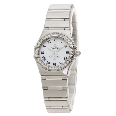 Pre-owned Omega Mop Diamonds Stainless Steel Constellation Quartz Women's Wristwatch 22.5 Mm In White