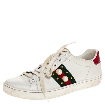 Pre-owned Gucci White Leather Web Detail New Ace Faux Pearl Embellished Low Top Sneakers Size 36.5