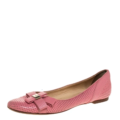 Pre-owned Versace Pink Perforated Leather Bow Embellishment Ballet Flats Size 38