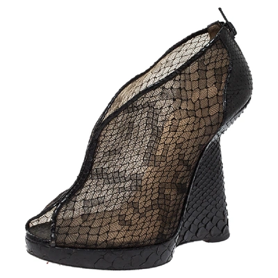 Pre-owned Christian Louboutin Black Mesh And Python Leather Janet Wedge Booties Size 36