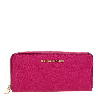 Pre-owned Michael Kors Fuchsia Leather Zip Around Wallet In Pink