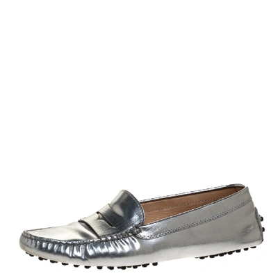 Pre-owned Tod's Metallic Silver Leather Penny Slip On Loafers Size 38