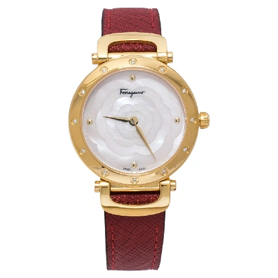 Pre-owned Ferragamo Pink Mother Of Pearl Gold Plated Stainless Steel Leather Diamond Style Sfdm Women's Wristwatch 34 Mm In Red