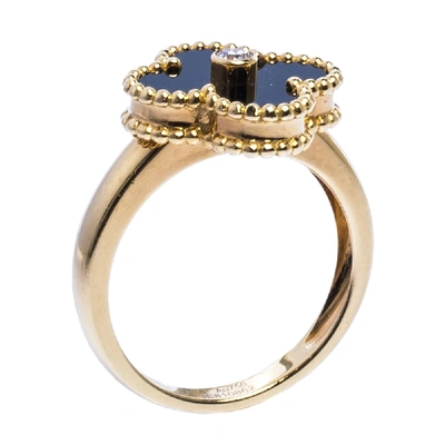 Pre-owned Van Cleef & Arpels Van Cleef And Arpels Vintage Alhambra Onyx Diamond 18k Yellow Gold Ring 53