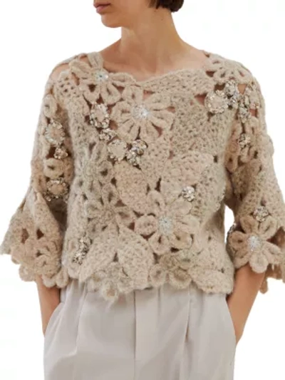 Brunello Cucinelli Embellished Floral Crochet Sweater In Winter White