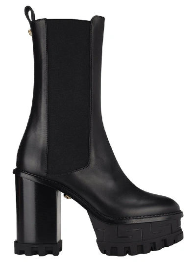 Versace Greca Embossed Platform Boots In Black