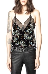 Zadig & Voltaire Christy Velvet Blossom Lace Trim Camisole In Noir
