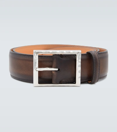 Berluti Men's Classic Burnished Leather Belt In Brown