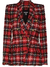 Balmain Tartan Tweed Double-breasted Blazer In Red