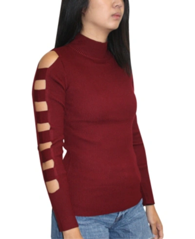 Almost Famous Juniors' Lattice Sleeve Sweater In Burgundy