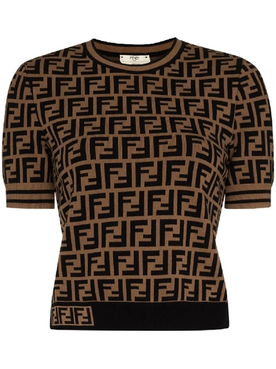 Fendi Women Brown T-shirt With Short Sleeves And All-over Ff Motiv In Cotton Woman In Black