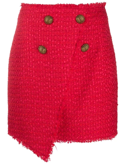 Balmain Asymmetric Wraparound Tweed Skirt In Red