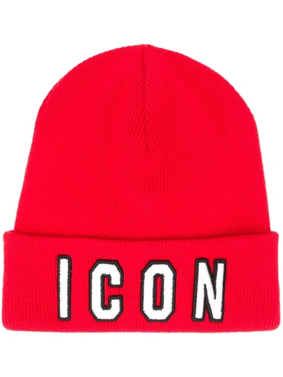 Dsquared2 Icon Patch Knit Wool Beanie Hat In Red