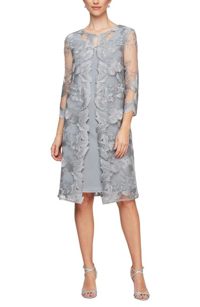 Alex Evenings Petite Layered-look Embroidered Jacket Dress In Grey