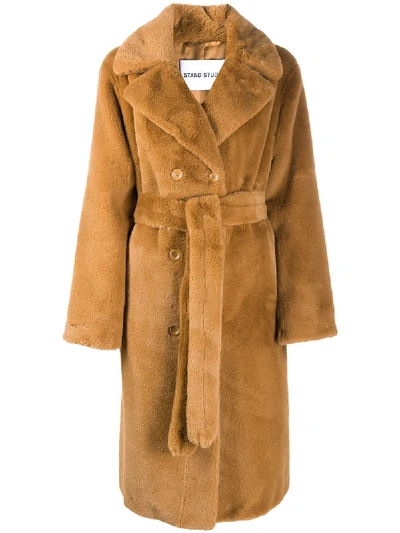 Stand Studio Faustine Belted Double-breasted Faux Fur Coat In Brown