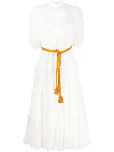 Zimmermann Amelie Belted Tiered Ramie-gauze Midi Dress In White