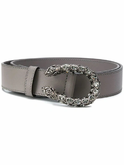 Gucci Leather Belt With Crystal Dionysus Buckle In Grey