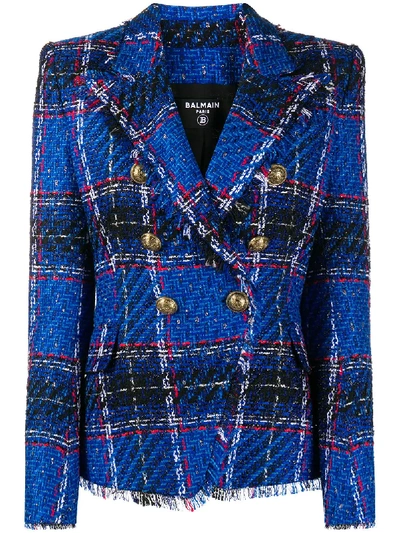 Balmain Double-breasted Frayed Checked Tweed Blazer In Blue
