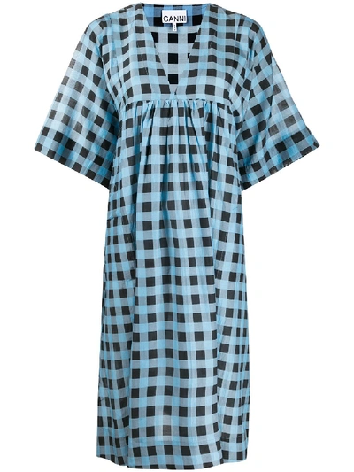 Ganni Checkered Tent Midi Dress In Blue