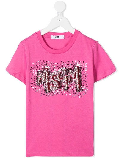 Msgm Kids' Sequin-embellished T-shirt In Pink