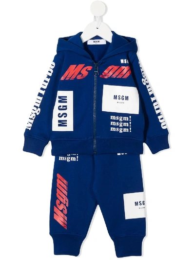 Msgm Babies' All-over Logo Hooded Tracksuit Set In Blue