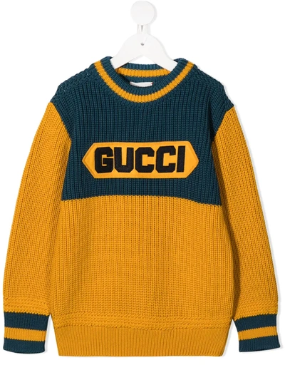 Gucci Kids' Logo贴片羊毛针织毛衣 In Yellow,blue