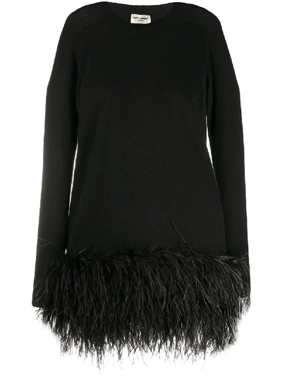 Saint Laurent Feather-trimmed Cashmere Mini Dress In Black