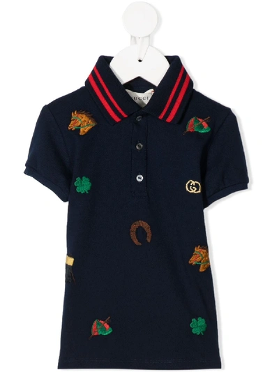 Gucci Babies' 图案刺绣polo衫 In Blue