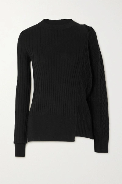 Sacai Cutout Paneled Ribbed And Cable-knit Wool Sweater In Black