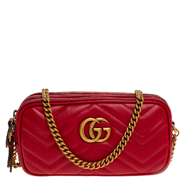 Pre-Owned Gucci Red Leather Mini Gg Marmont Chain Shoulder Bag | ModeSens