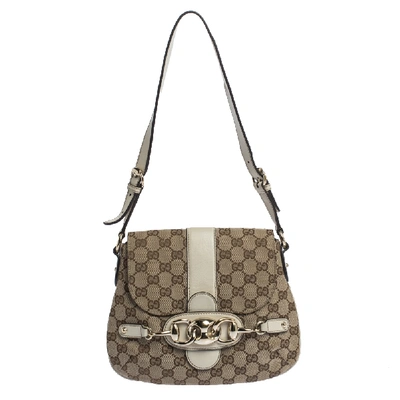 Pre-owned Gucci Beige/cream Gg Canvas And Leather Wave Flap Bag