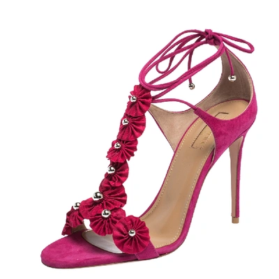 Pre-owned Aquazzura Pink Suede And Fabric Exotic Ankle Wrap Sandals Size 38.5