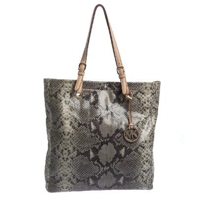 Pre-owned Michael Michael Kors Beige/grey Python Effect Leather North South Tote