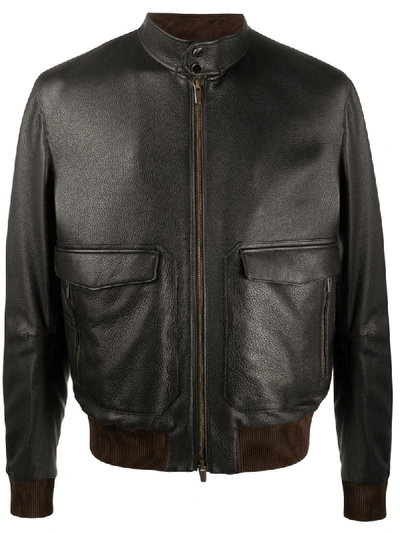 Ajmone Long-sleeve Leather Bomber Jacket In Brown