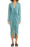 Bottega Veneta Glossy Viscose Jersey Ruched Maxi Dress In Storm