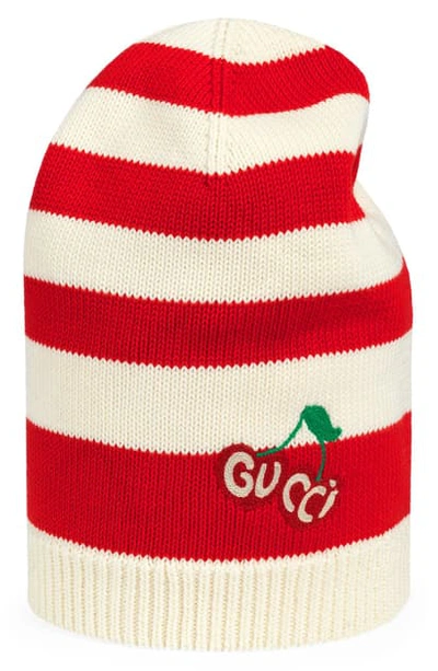 Gucci Jonson Cherry Embroidered Stripe Cotton Beanie In Ivory/ Red