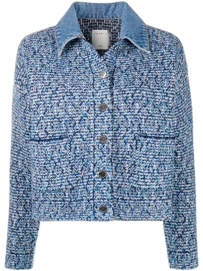 Sandro Jeny Denim Collar Cropped Tweed Jacket In Blue