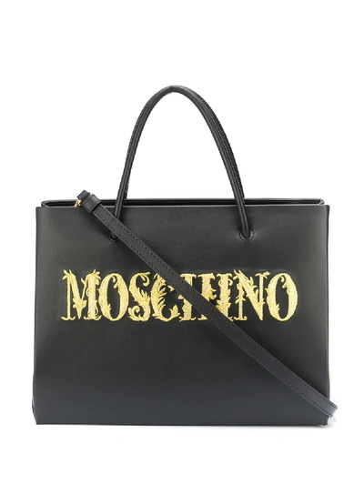 Moschino Embroidered-logo Shopper Bag In Black