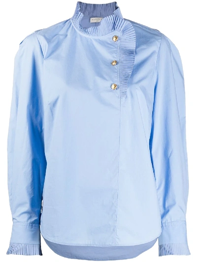 Sandro Pleated-trim Cotton Blouse In Blue