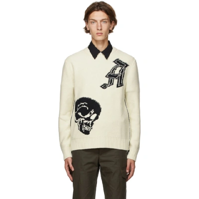 Alexander Mcqueen Wool Jacquard Patched Skull Sweater In White