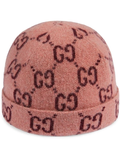 Gucci Babies' Gg嵌花针织套头帽 In Pink