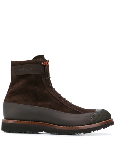 Kiton Contrast-panel Ankle Boots In Brown