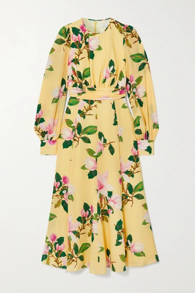 Andrew Gn Floral-print Silk Crepe De Chine Midi Dress In Pastel Yellow