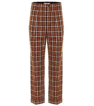 Saint Laurent Cropped Pleated Checked Wool Straight-leg Trousers In Marron Caramel Beige