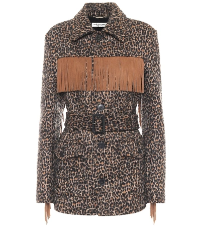 Saint Laurent Belted Fringed Leopard Wool-blend Jacquard Jacket In Brown